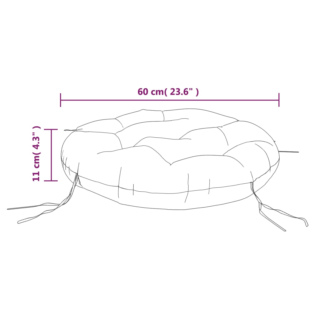Schéma du coussin rond : diamètre 60 cm et épaisseur 11 cm.