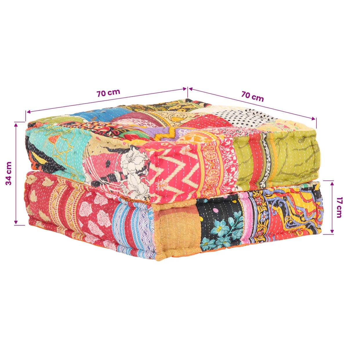Dimensions du pouf patchwork : 70 x 70 x 34 cm