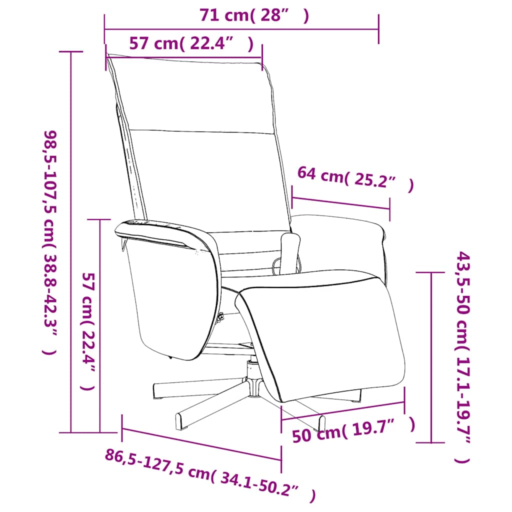 Schéma coté du fauteuil de bureau inclinable avec repose pied