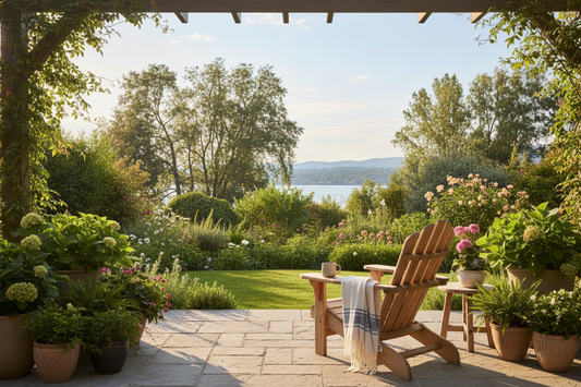 Chaise Adirondack en bois naturel sur terrasse, jardin verdoyant, lumière dorée - illustre le produit dans son environnement idéal