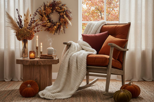 Femme installée dans un rocking chair en automne - coin cocooning chaleureux avec couleurs chaudes et couverture douce