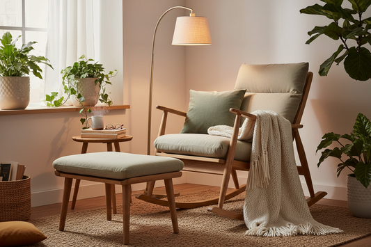 Coin cocooning complet avec rocking chair, coussins vert sauge, couverture, repose-pieds et lampe - illustre le résultat final idéal