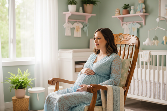  Femme enceinte au 3ème trimestre, sereine dans un rocking chair, main sur le ventre - illustre le confort pendant la grossesse