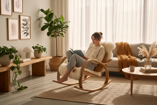 Rocking Chair et Décoration 2026 : 7 Idées Tendances pour Sublimer votre Intérieur - Femme se relaxant dans un fauteuil à bascule moderne