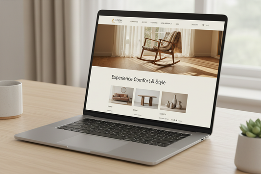 Laptop affichant le nouveau site avec un rocking chair en hero image - illustre la refonte moderne et premium