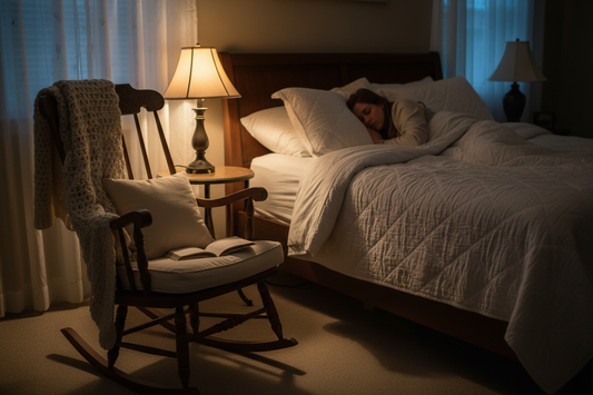 Femme sereine dans un rocking chair en hiver - bien-être mental et balancement apaisant
