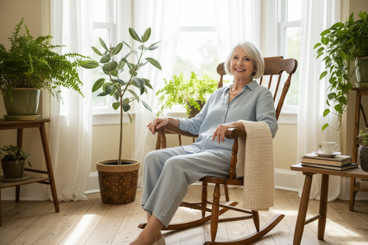 Senior souriante dans un rocking chair, lumière naturelle, plantes - illustre le bien-être et le vieillissement actif