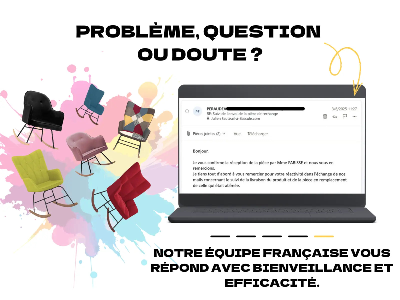 Message client exprimant sa gratitude pour notre suivi humain et professionnel après sa commande de fauteuil à bascule.