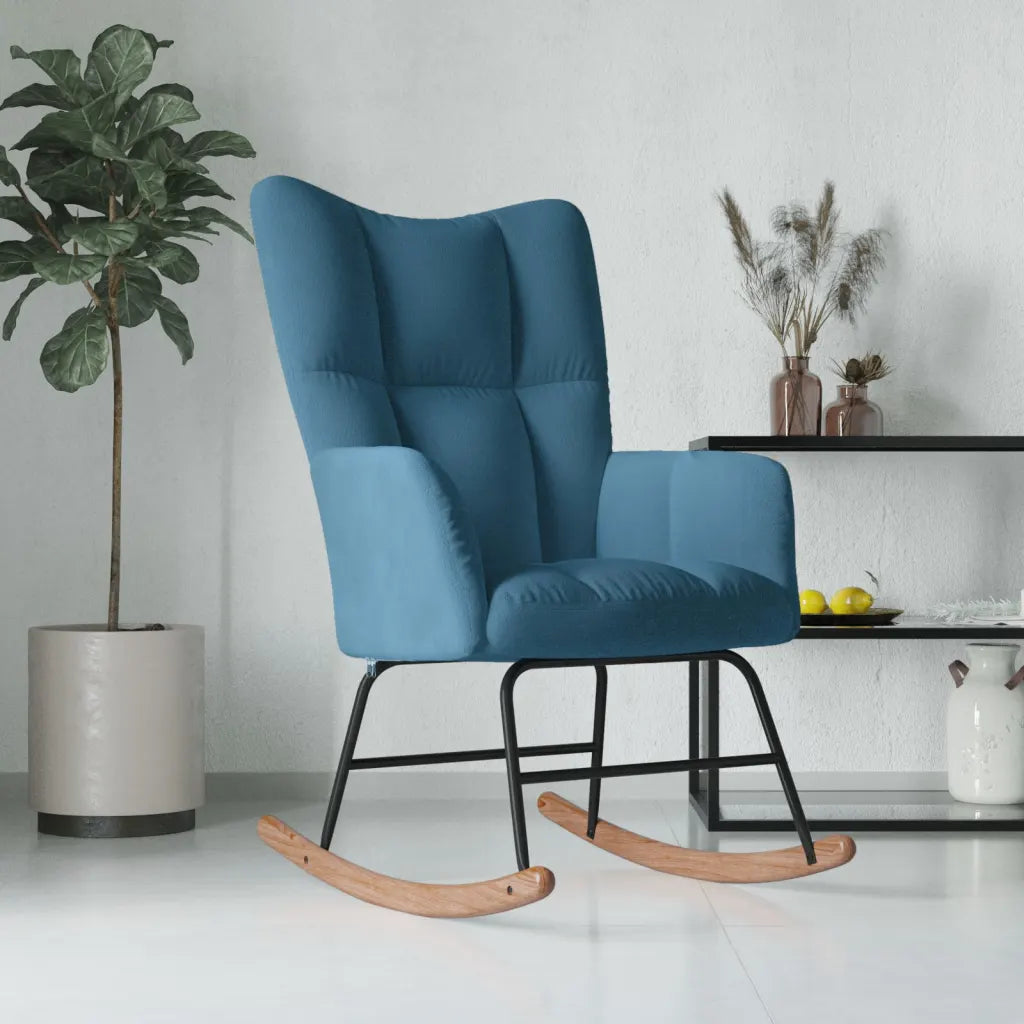 Un Fauteuil à Bascule en velours ultraconfortable, de couleur Bleu Canard.