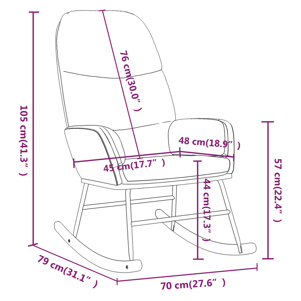 Dimensions d'une Chaise à Bascule en Bois avec un tissu couleur crème.