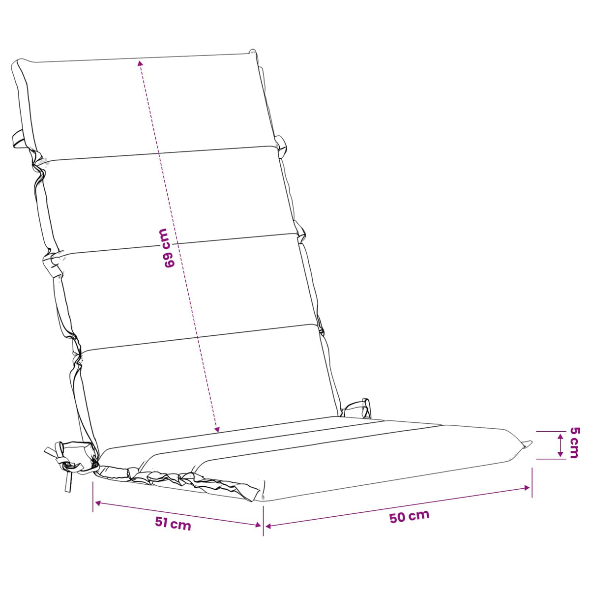 Schéma des dimensions du coussin à dossier haut : 120 × 50 × 5 cm.