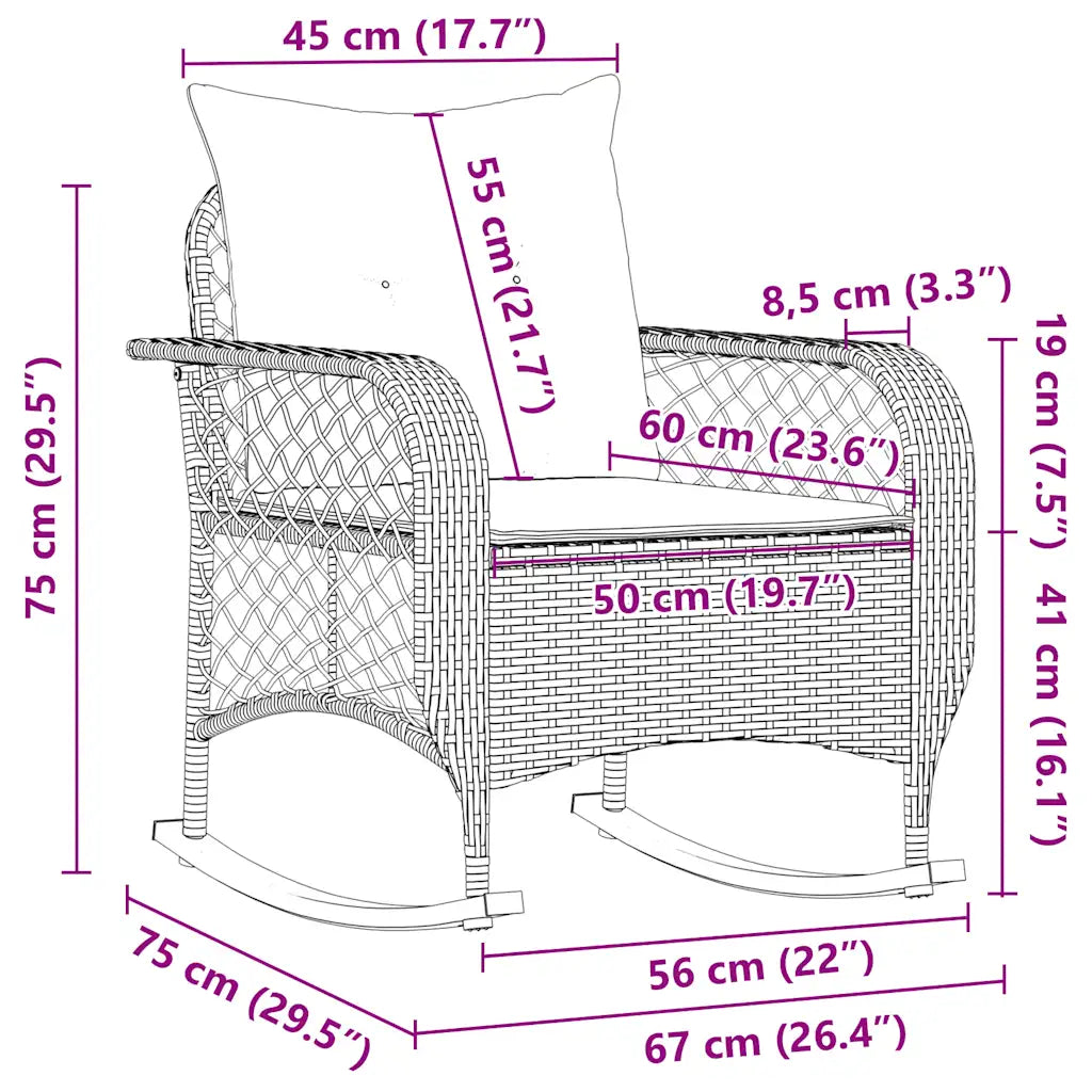 Vue latérale du fauteuil à bascule Pétunia sur balcon ensoleillé – design contemporain et balancement fluide. Dimensions