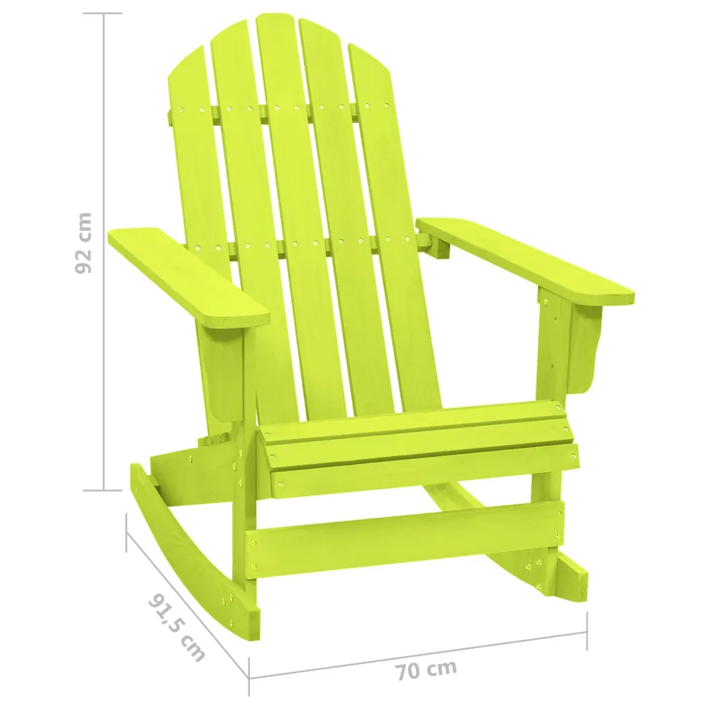 Un Fauteuil à Bascule Vert d'Eau, très coloré, fabriqué en bois de sapin, parfait pour l'extérieur.