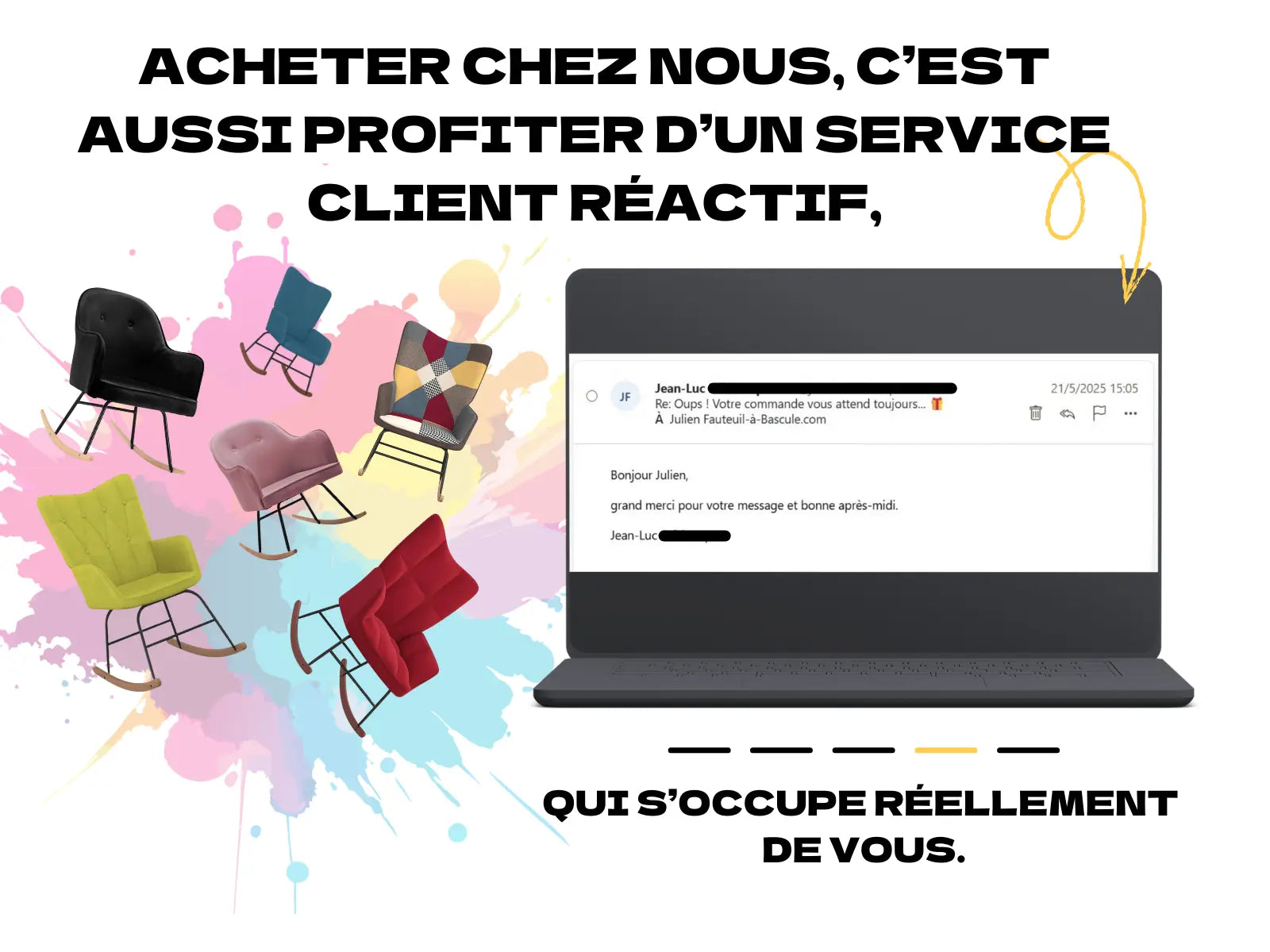 Échange montrant un client rassuré par notre réactivité et notre communication claire concernant sa commande.