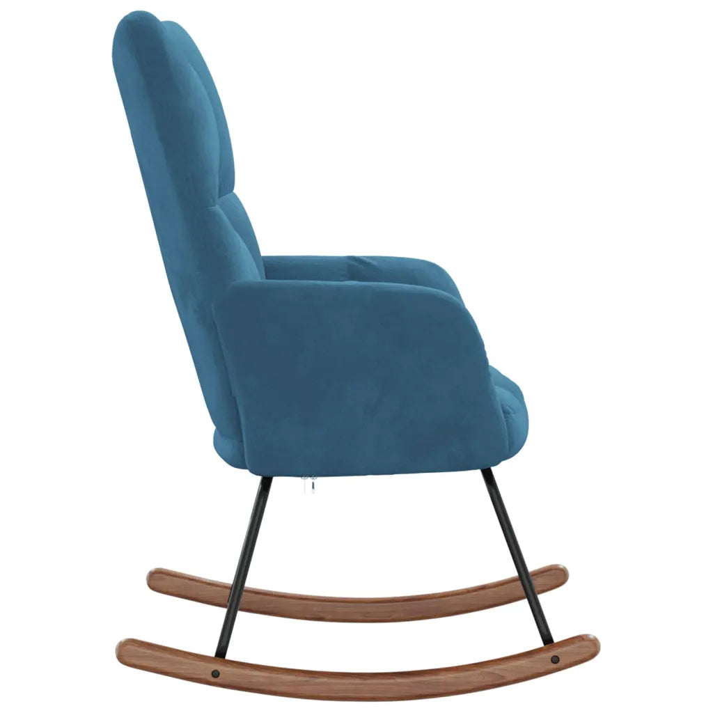 Un Fauteuil à Bascule en velours ultraconfortable, de couleur Bleu Canard.