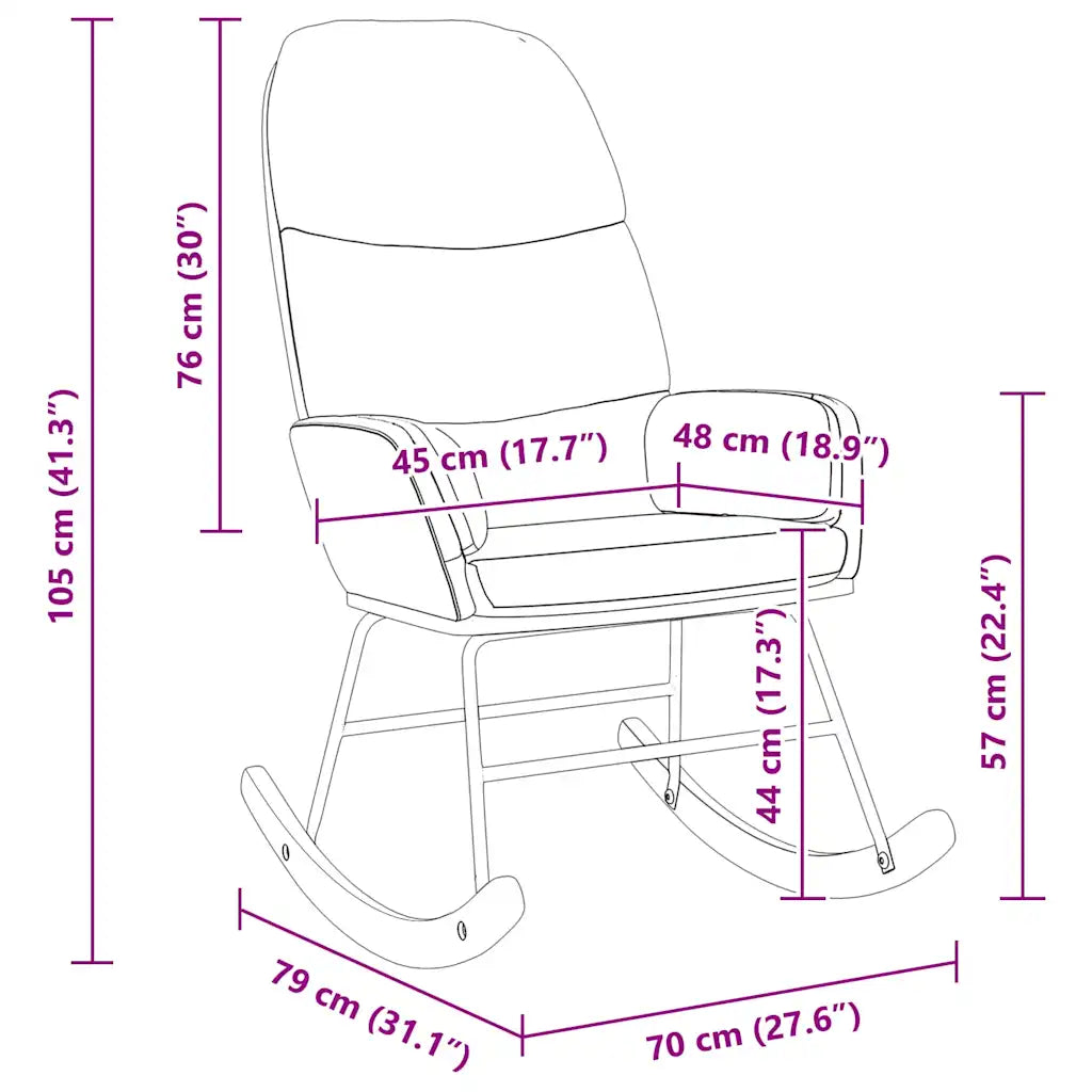 Dimensions du fauteuil à bascule : largeur 70 cm, profondeur 79 cm, hauteur 105 cm et hauteur d’assise 44 cm.