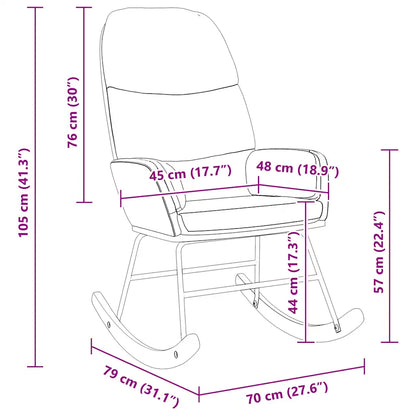 Dimensions du fauteuil à bascule : largeur 70 cm, profondeur 79 cm, hauteur 105 cm et hauteur d’assise 44 cm.