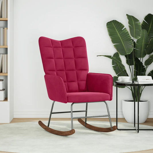 fauteuil à bascule rouge vin vu de face posé dans un salon