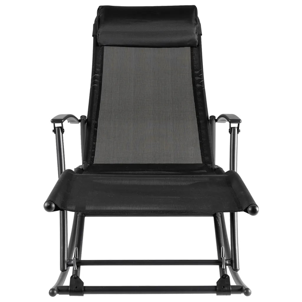 Un Fauteuil à Bascule Pliable noir confortable et pratique.