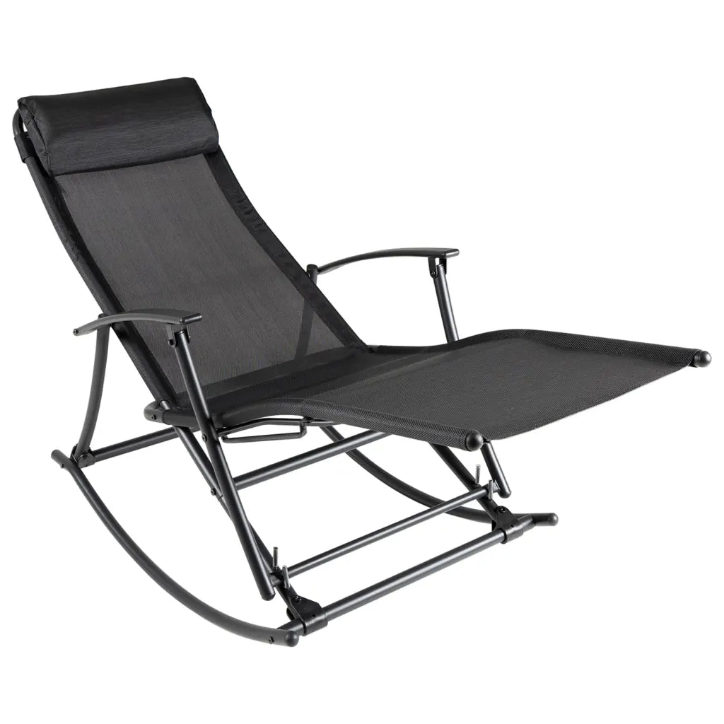 Un Fauteuil à Bascule Pliable noir confortable et pratique.