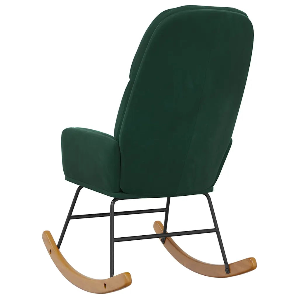 Vue arrière du fauteuil à bascule en velours vert foncé, avec dossier haut et piètement métallique noir.