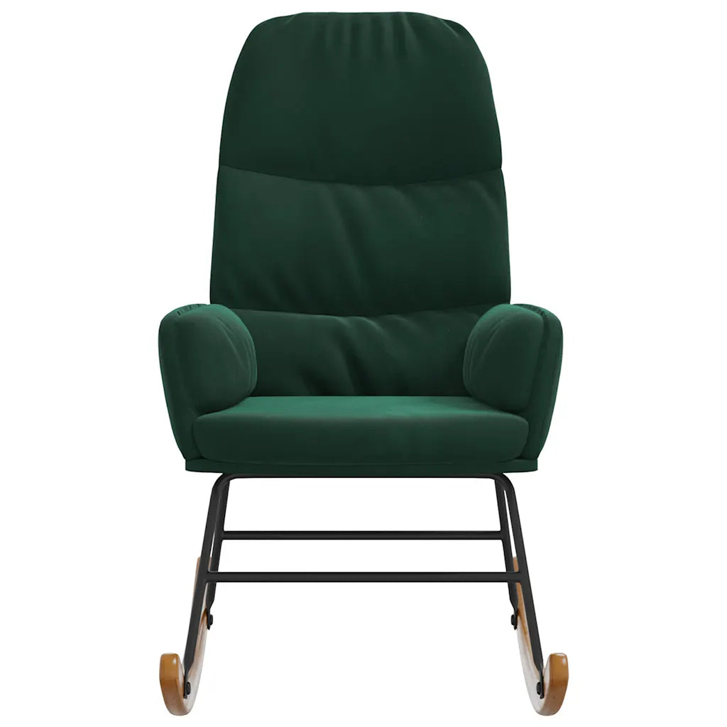 Fauteuil à bascule en velours vert foncé vu de face, avec assise rembourrée et structure métallique noire.