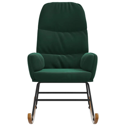 Fauteuil à bascule en velours vert foncé vu de face, avec assise rembourrée et structure métallique noire.