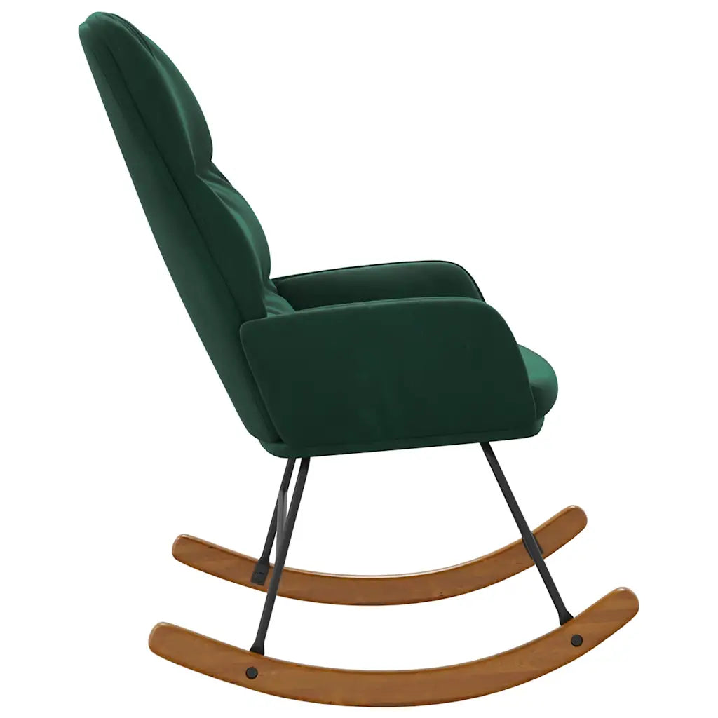 Fauteuil à bascule en velours vert foncé vu de profil, avec accoudoirs et patins courbés.