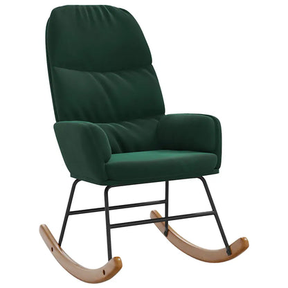 Fauteuil à bascule en velours vert foncé vu de trois quarts, avec dossier haut et accoudoirs.
