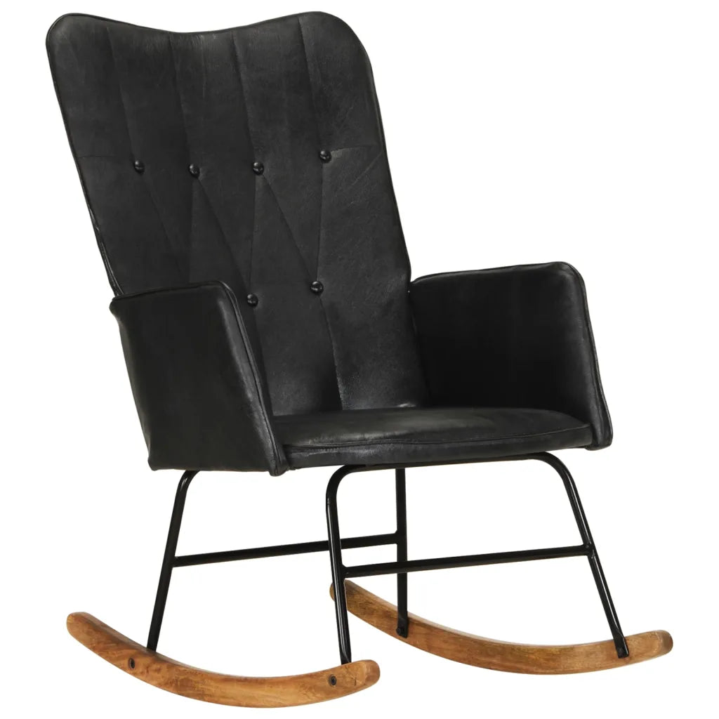 Un Fauteuil à bascule en cuir noir, qui sera parfait pour l'Allaitement de Jumeaux.