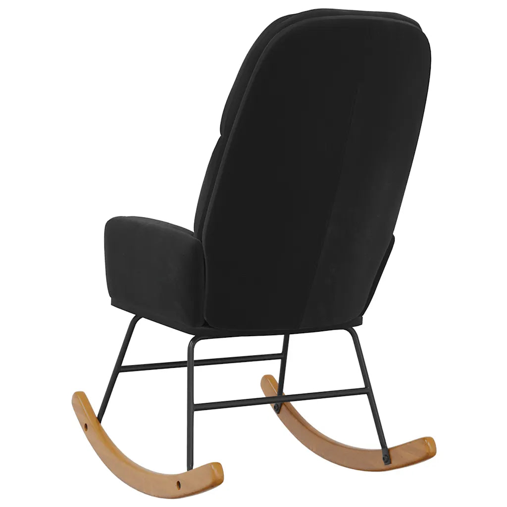 Petit fauteuil à bascule noir vu de profil, avec structure métallique et patins courbés.