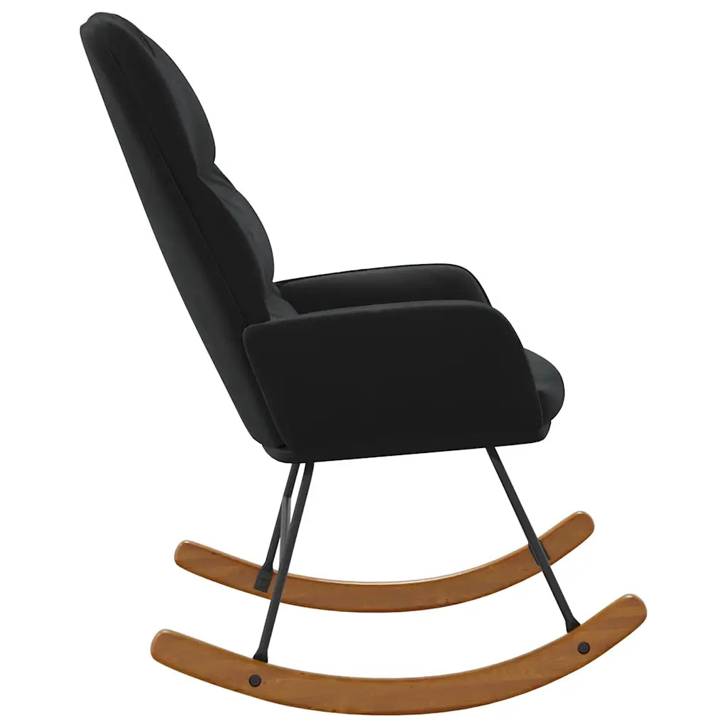 Vue arrière du petit fauteuil à bascule en velours noir, avec structure métallique et patins courbés.