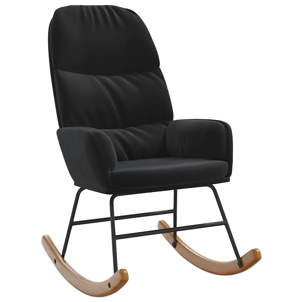 Petit fauteuil à bascule en velours noir vu de face, avec dossier haut et assise rembourrée.