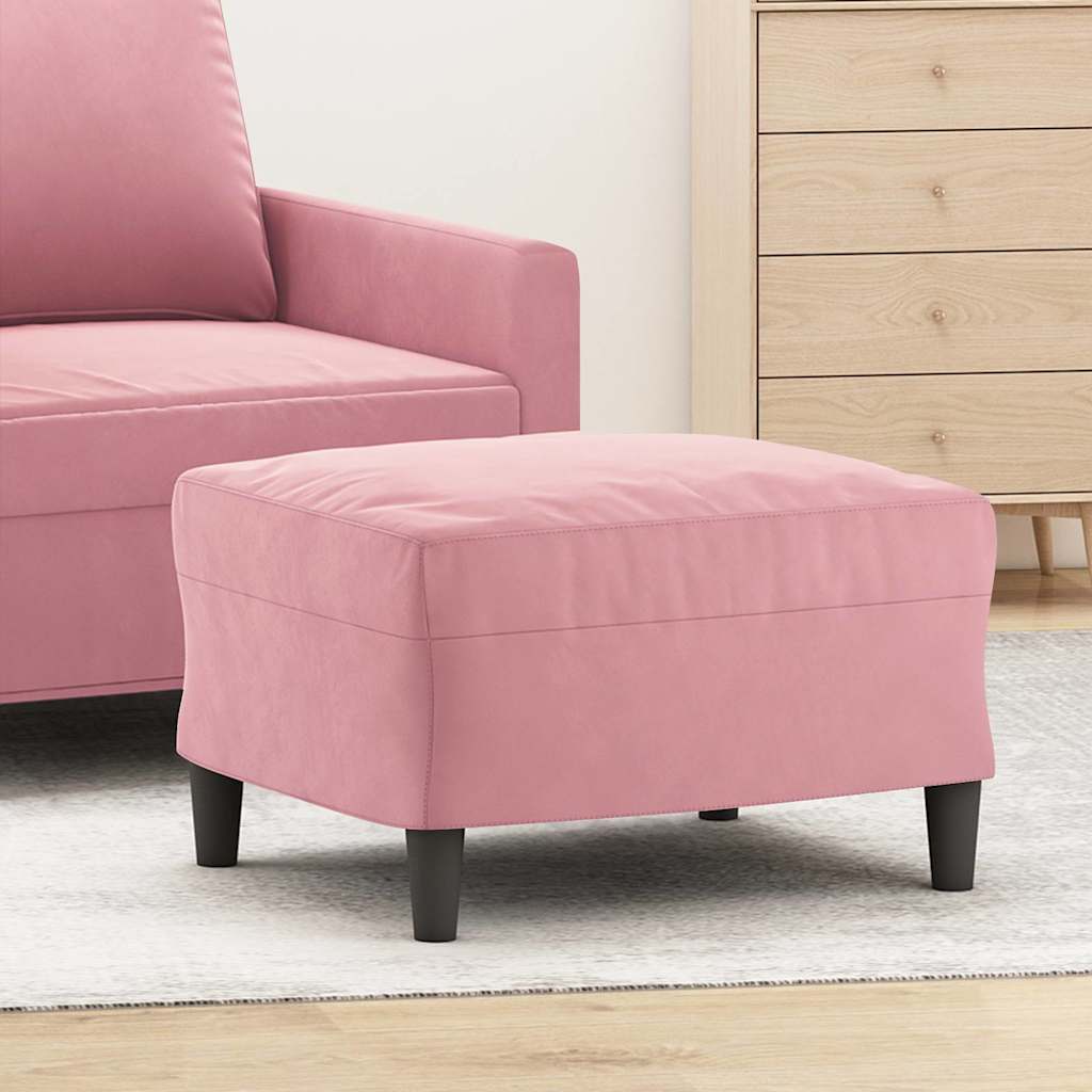 Pouf repose-pieds rose en velours, en situation dans le salon