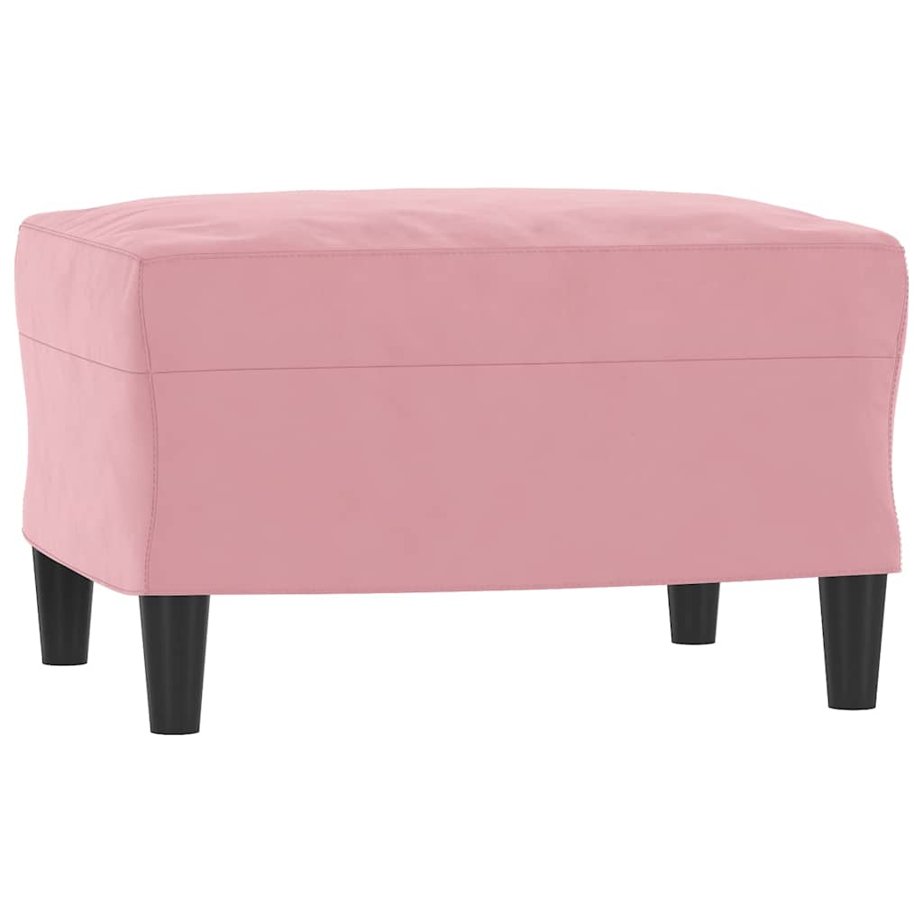 Pouf repose-pieds rose en velours, vue d’ensemble sur fond blanc