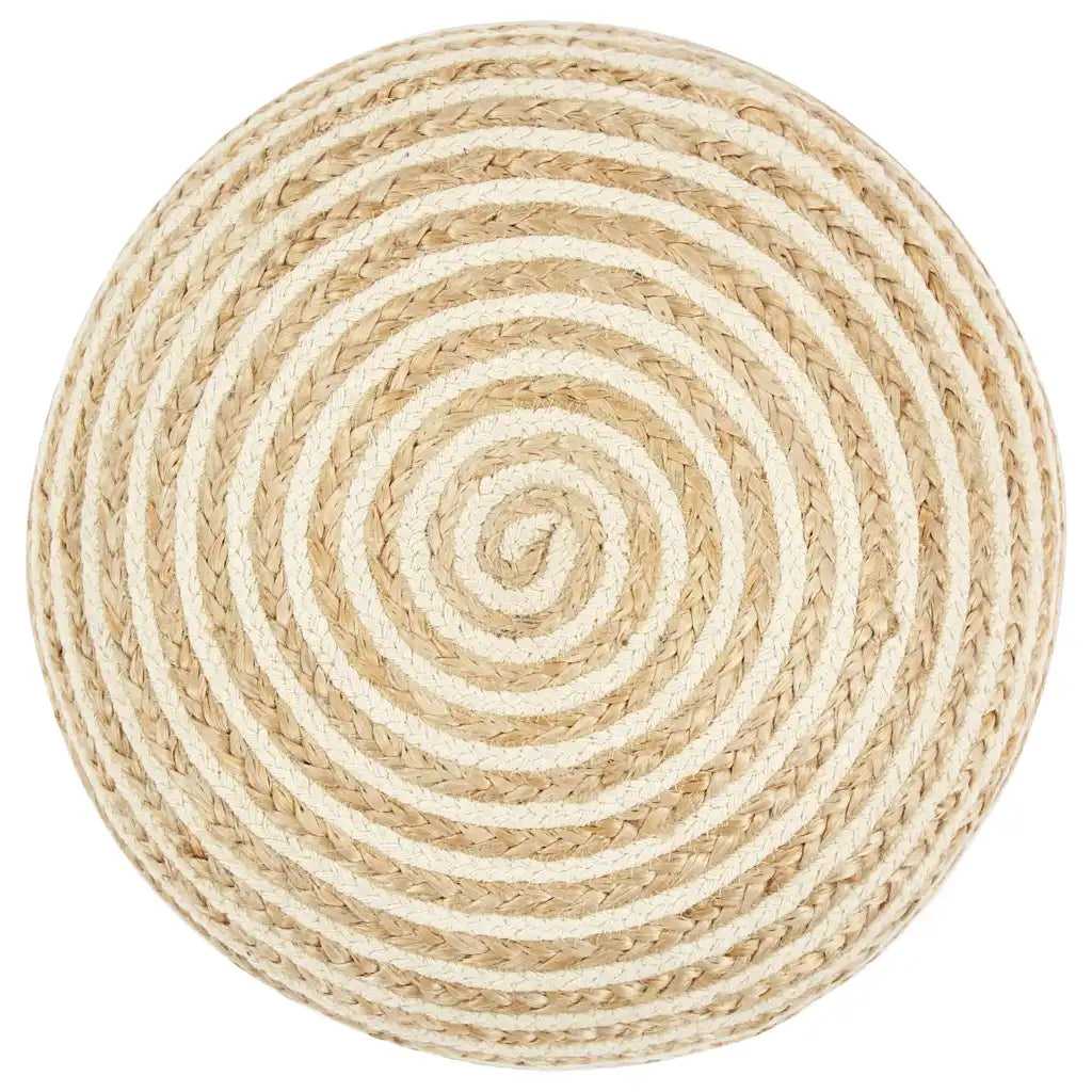 Vue du dessus du pouf rond en jute, tressage naturel et clair en spirale