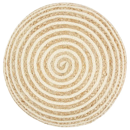 Vue du dessus du pouf rond en jute, tressage naturel et clair en spirale