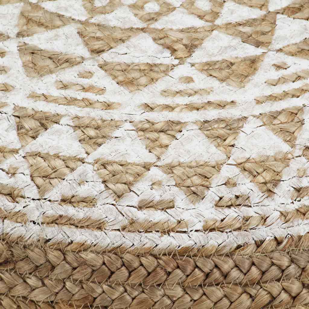 Repose-pieds en jute à motif blanc, détail de la jute tressée et du motif blanc