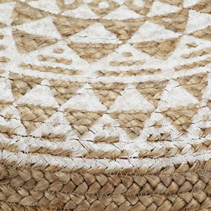 Repose-pieds en jute à motif blanc, détail de la jute tressée et du motif blanc