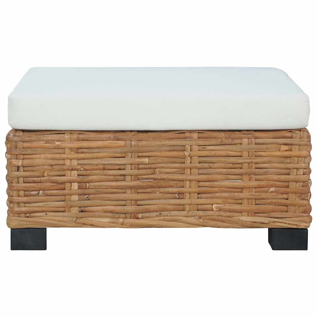 Repose-pieds en rotin naturel avec coussin crème, vue de face avec coussin