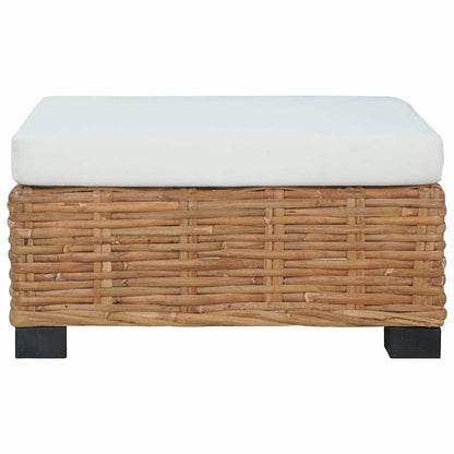 Repose-pieds en rotin naturel avec coussin crème, vue de face avec coussin
