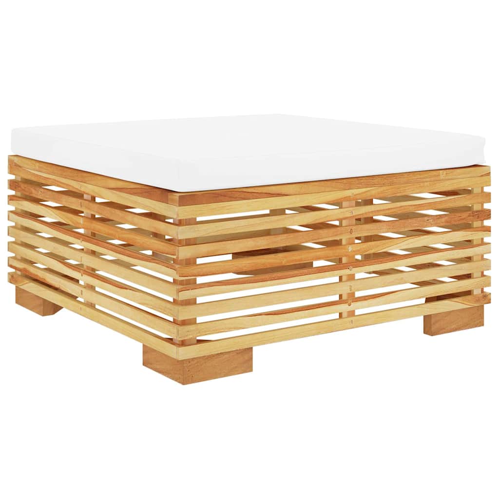 Repose-pieds en teck avec coussin crème, vue d’ensemble sur fond blanc