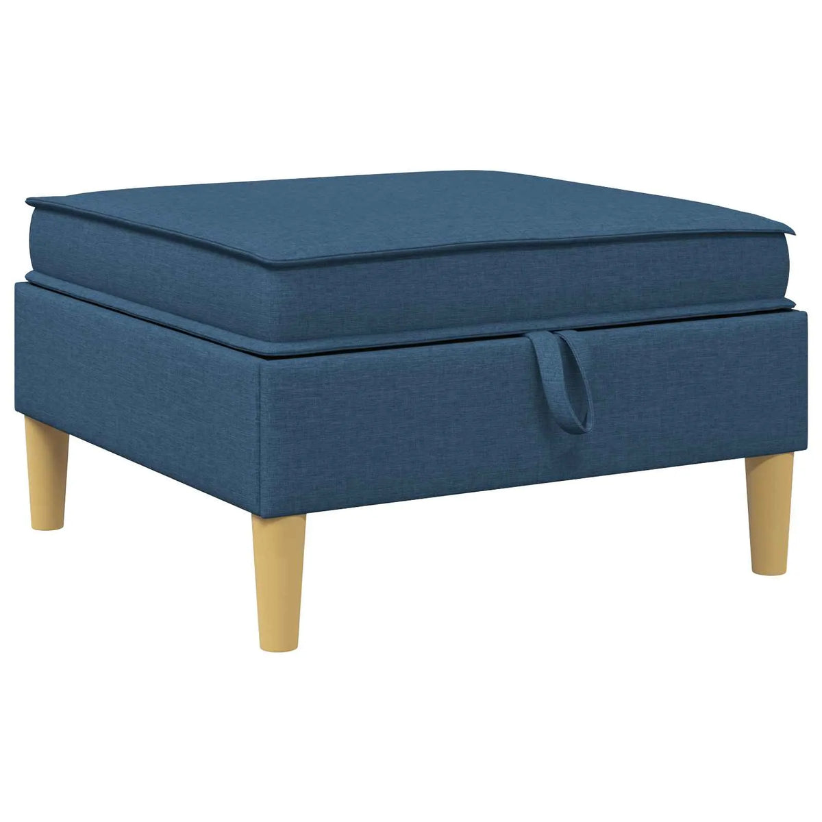 Pouf repose-pieds bleu avec rangement, vu en biais