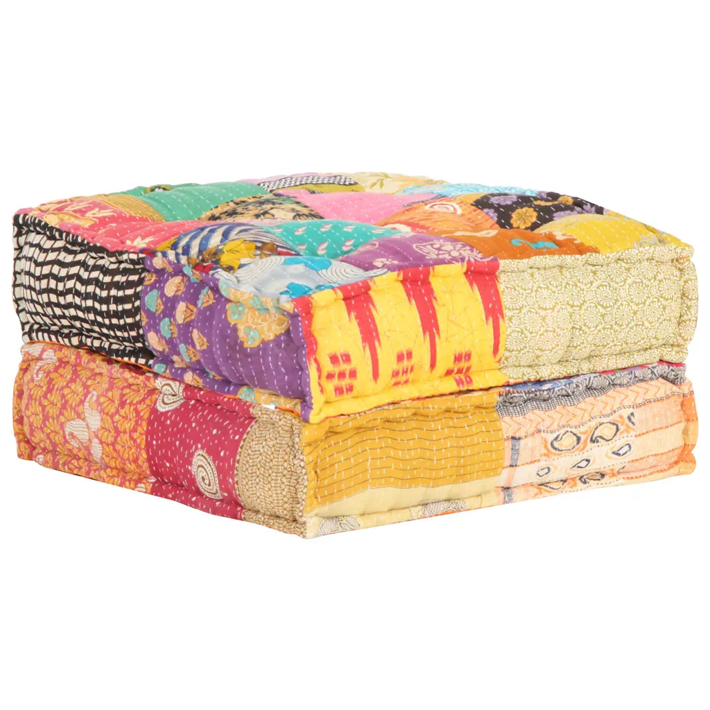 Pouf patchwork replié aux tissus jaunes et violets