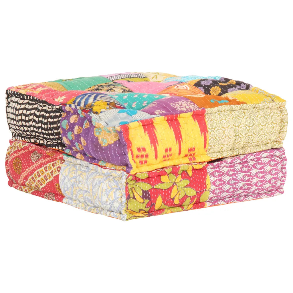 Pouf patchwork replié aux motifs roses et jaunes