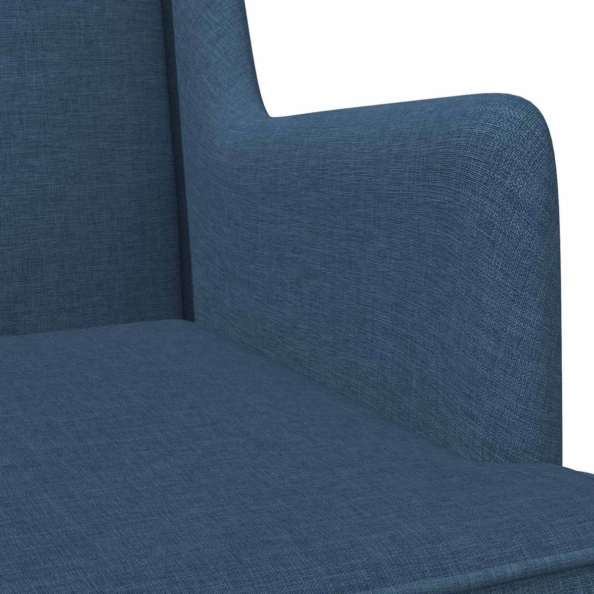 Détail du tissu bleu sur l’assise, l’accoudoir et le dossier du rocking chair.