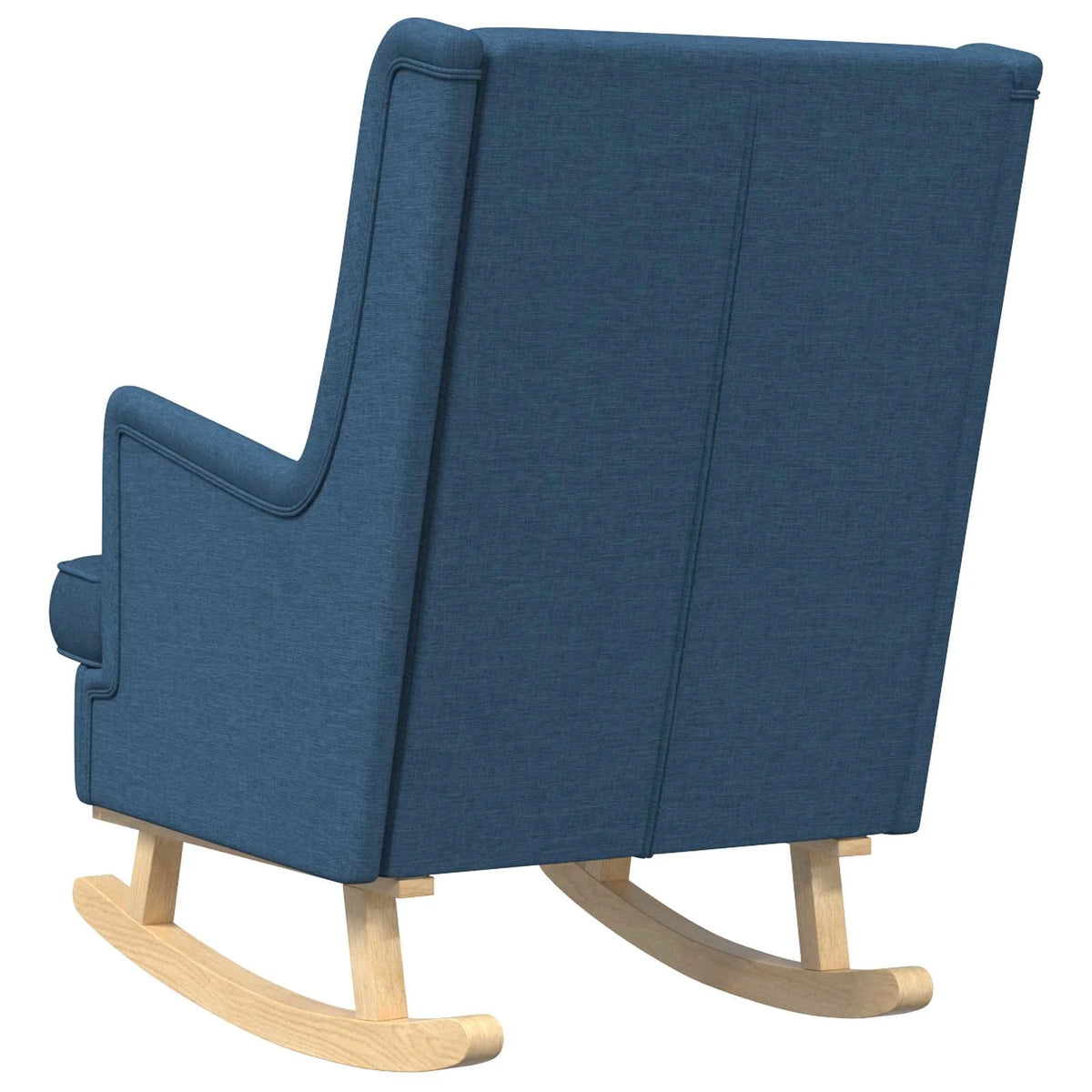 Vue arrière du rocking chair bleu, montrant le dossier en tissu et les patins en bois clair.