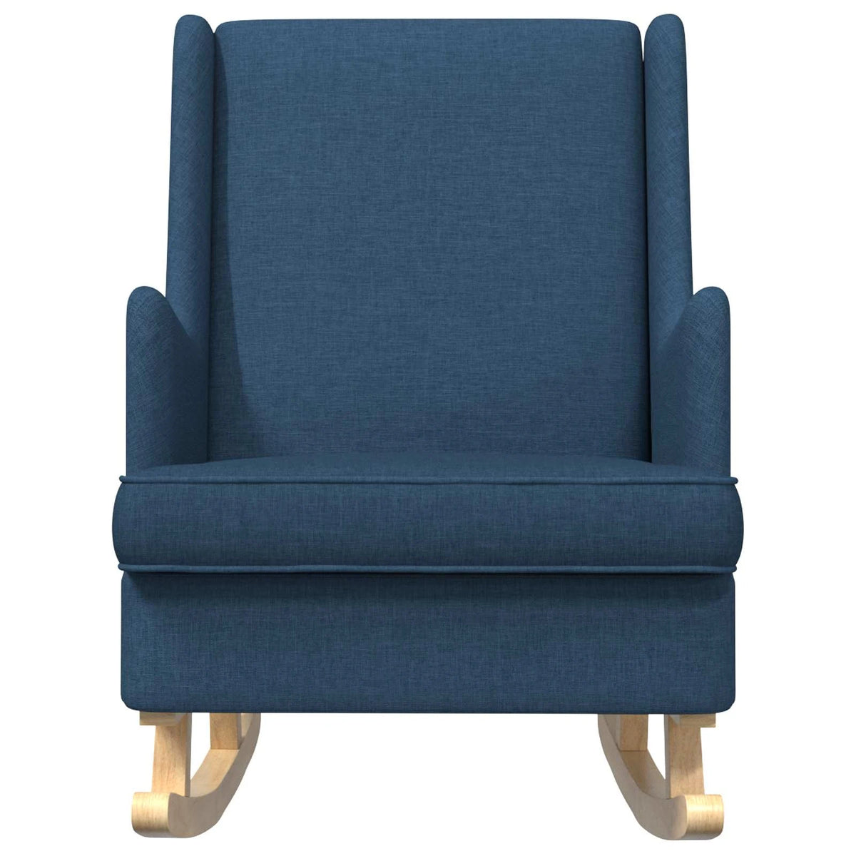 Vue de face du rocking chair bleu, avec dossier haut, accoudoirs et coussin d’assise.
