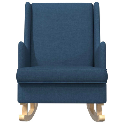 Vue de face du rocking chair bleu, avec dossier haut, accoudoirs et coussin d’assise.