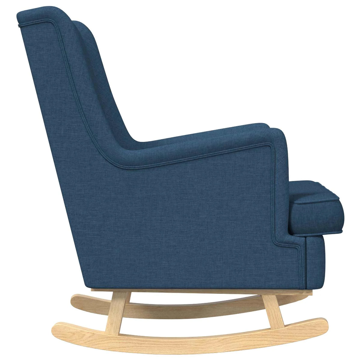 Vue de profil du rocking chair bleu en tissu et de ses patins incurvés en bois clair.